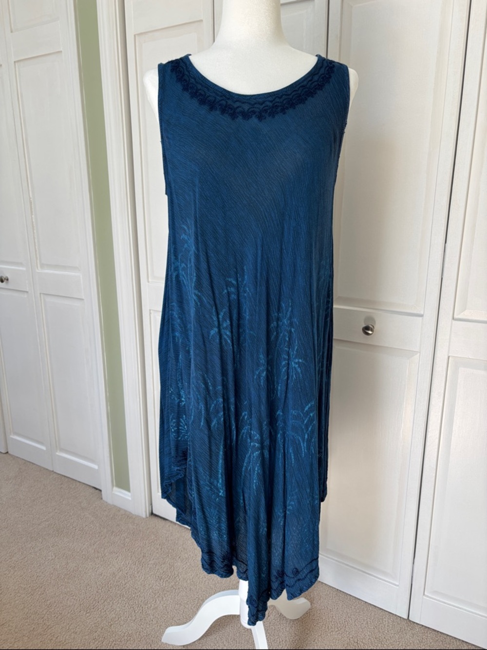 Sleeveless Navy Swim Coverup Dress with Embroidered Neckline